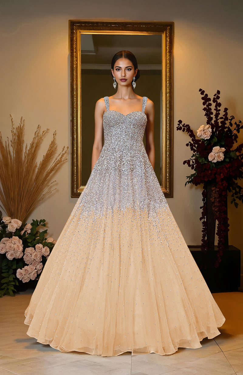 NAIRA- Mint Green Crystal & Pearl Beads Hand Embroidered Princess Gown