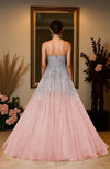 Strapless pink gown with silver and pink crystal and pearl bead embroidery.