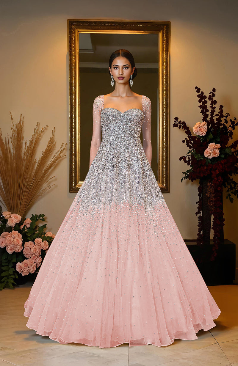 NAIRA- Mint Green Crystal & Pearl Beads Hand Embroidered Princess Gown