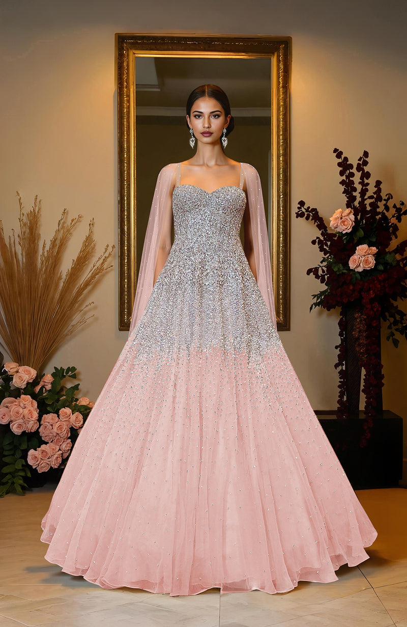 NAIRA- Mint Green Crystal & Pearl Beads Hand Embroidered Princess Gown