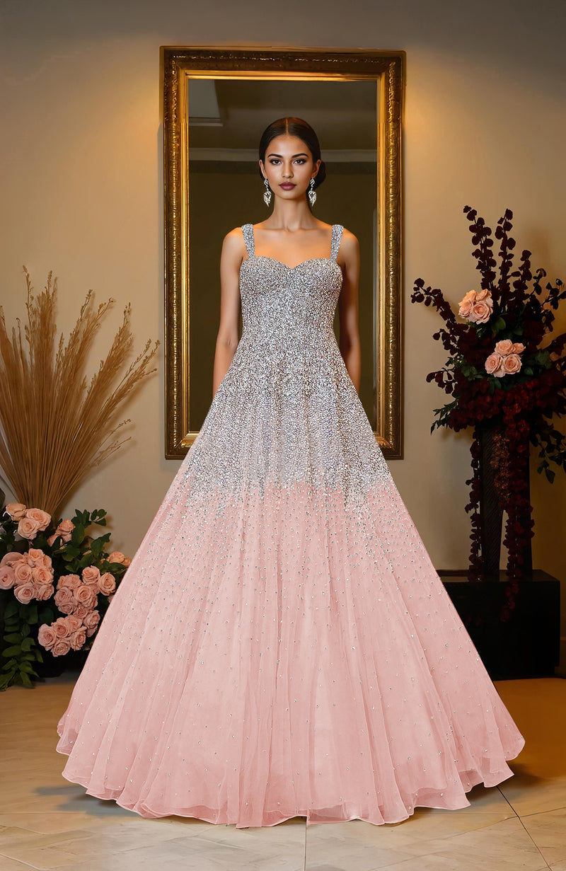 NAIRA- Mint Green Crystal & Pearl Beads Hand Embroidered Princess Gown