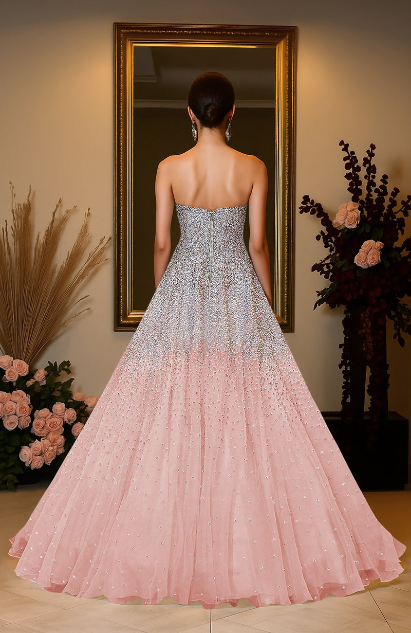 Strapless pink gown with silver and pink crystal and pearl bead embroidery.