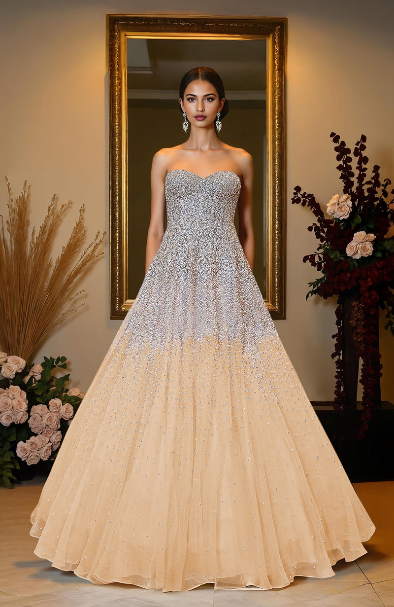 NAIRA- Ivory Crystal & Pearl Beads Hand Embroidered Princess Gown