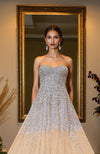 NAIRA- Champagne Gold Crystal & Pearl Beads Hand Embroidered Princess Gown