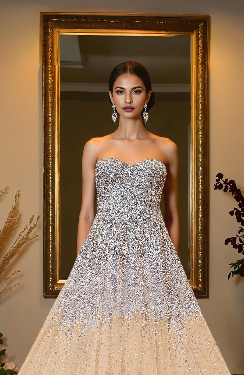 NAIRA- Champagne Gold Crystal & Pearl Beads Hand Embroidered Princess Gown