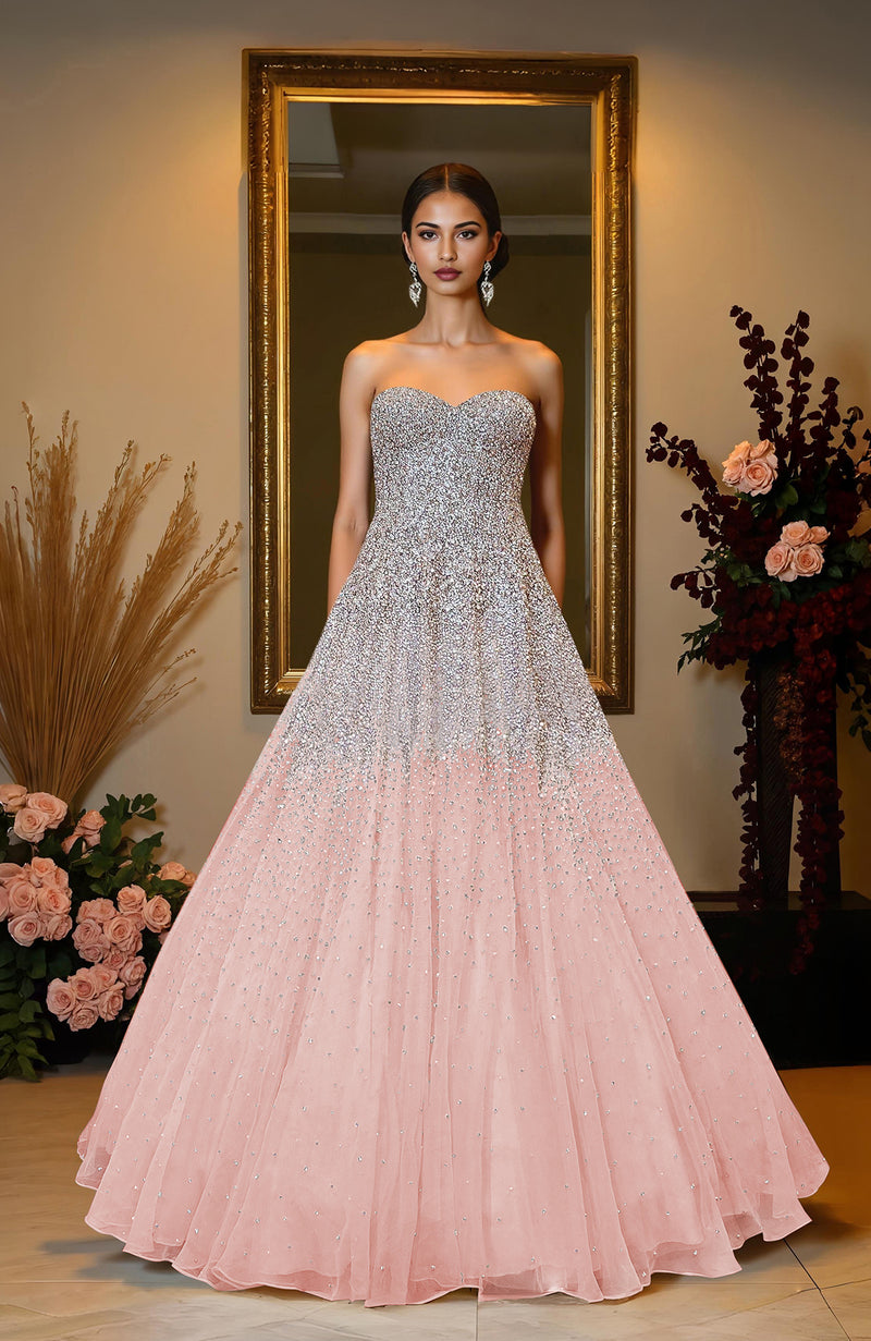NAIRA- Pink Crystal & Pearl Beads Hand Embroidered Princess Gown