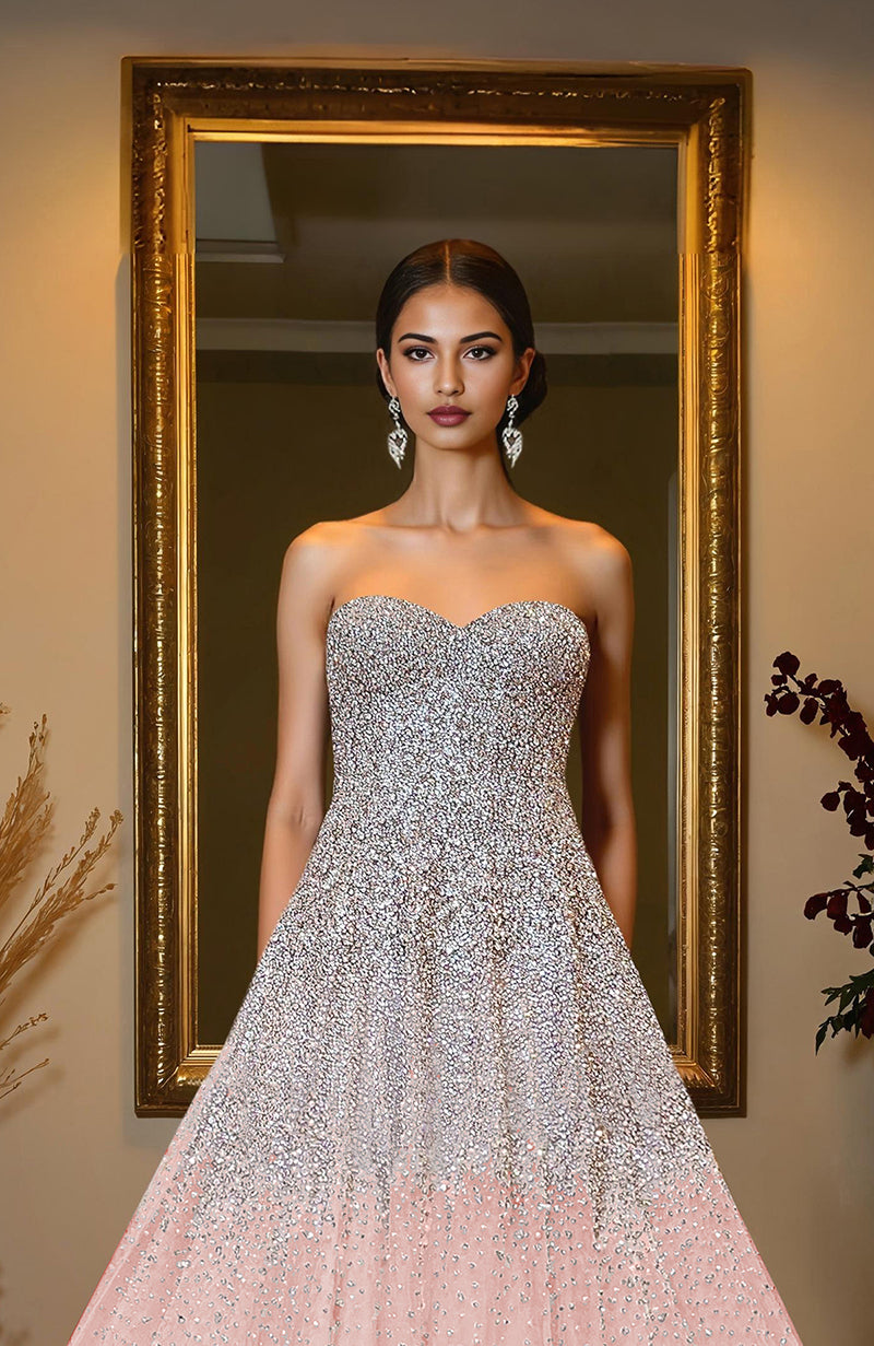 NAIRA- Pink Crystal & Pearl Beads Hand Embroidered Princess Gown