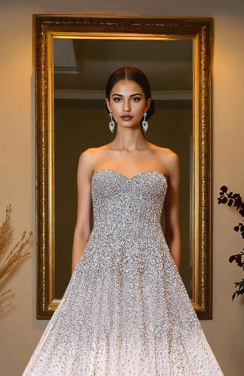 NAIRA- Ivory Crystal & Pearl Beads Hand Embroidered Princess Gown
