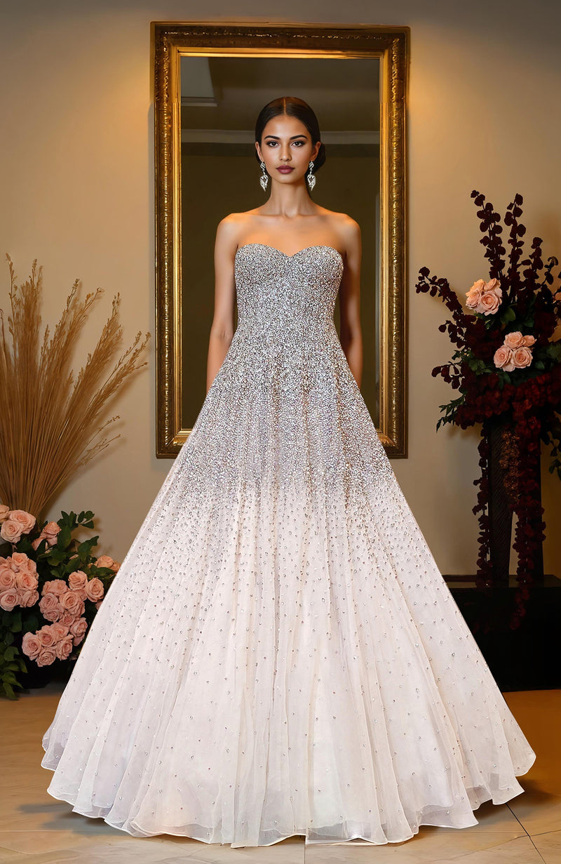 NAIRA- Pink Crystal & Pearl Beads Hand Embroidered Princess Gown