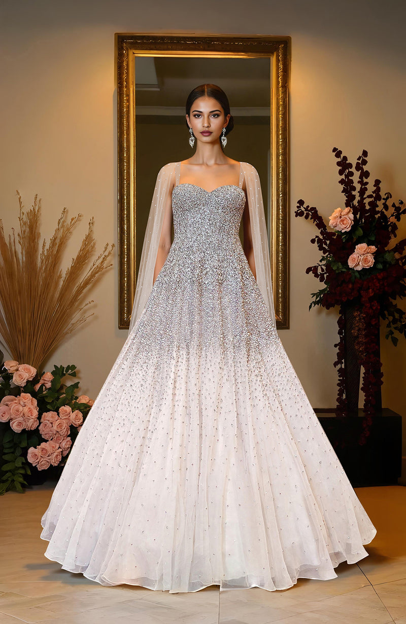 NAIRA- Mint Green Crystal & Pearl Beads Hand Embroidered Princess Gown