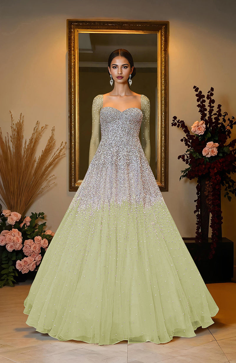 NAIRA- Mint Green Crystal & Pearl Beads Hand Embroidered Princess Gown