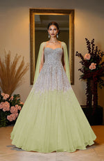 NAIRA- Mint Green Crystal & Pearl Beads Hand Embroidered Princess Gown
