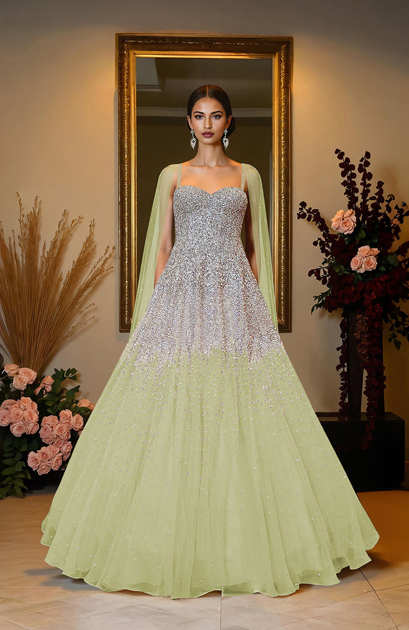 NAIRA- Mint Green Crystal & Pearl Beads Hand Embroidered Princess Gown