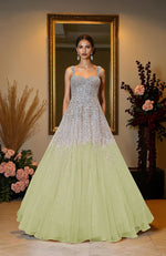 NAIRA- Mint Green Crystal & Pearl Beads Hand Embroidered Princess Gown