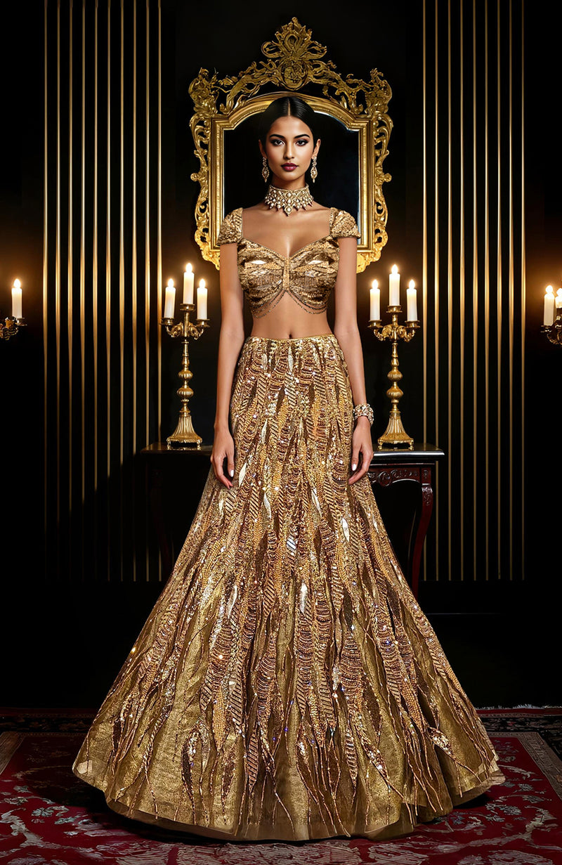 LAILA- Gold Hand Embroidered Lehenga Set With Cape