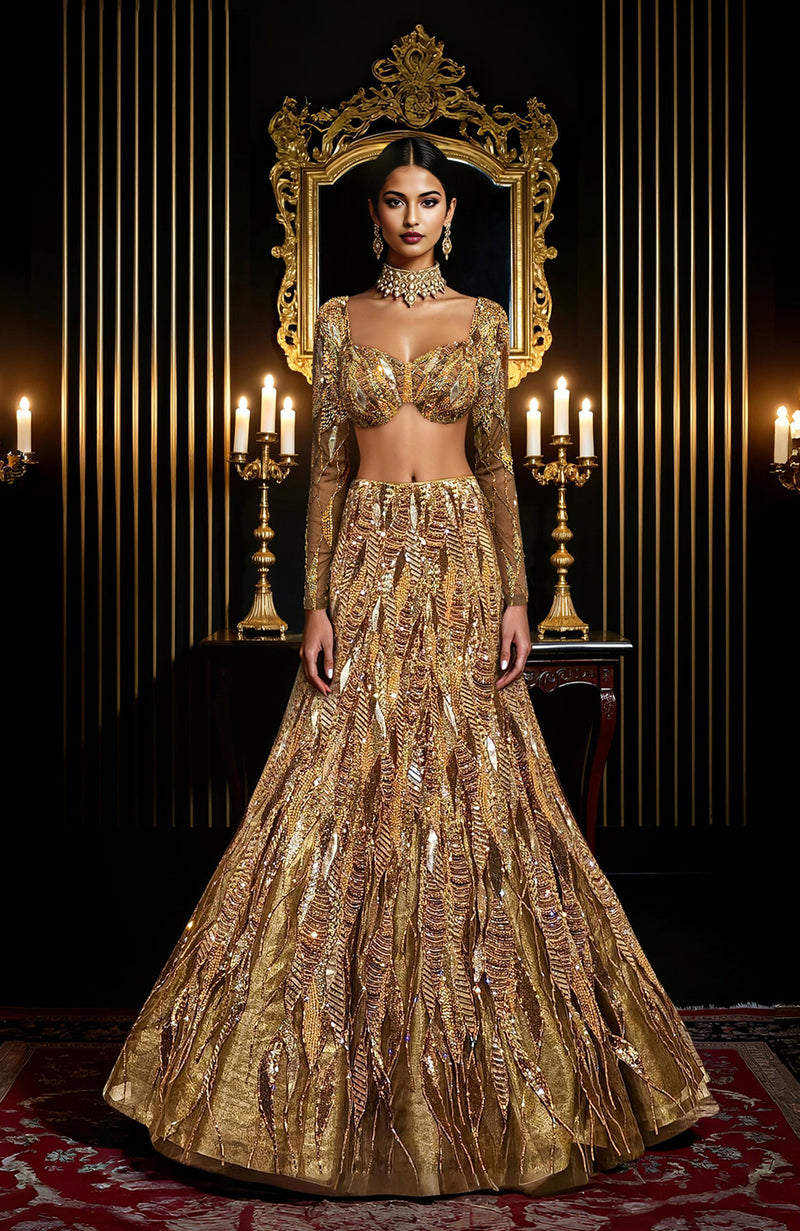 LAILA- Gold Hand Embroidered Lehenga Set With Cape