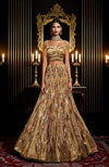 A gold hand-embroidered lehenga set with a cape.