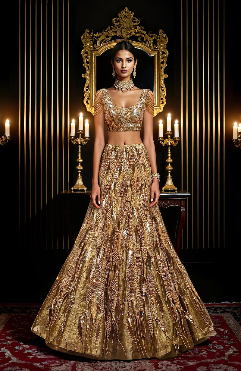 A gold hand-embroidered lehenga set with a cape.
