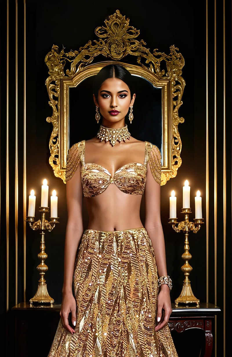 Laila Gold Hand Embroidered Lehenga Set With Cape