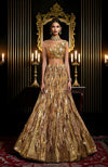 A gold hand-embroidered lehenga set with a one-shoulder blouse and flowing skirt.