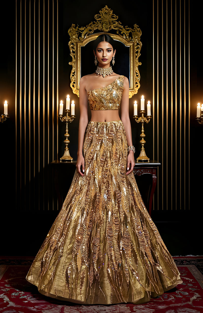 A gold hand-embroidered lehenga set with a one-shoulder blouse and flowing skirt.
