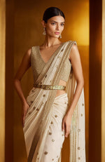 Ivory Gold Hand Embroidered Saree Set