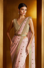 Blush Pink Gold Hand Embroidered Saree Set