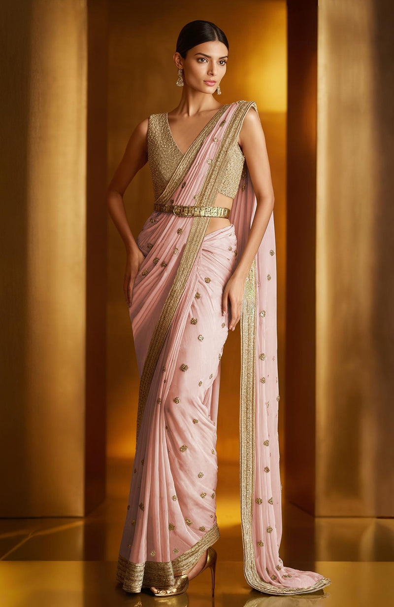 Ivory Gold Hand Embroidered Saree Set