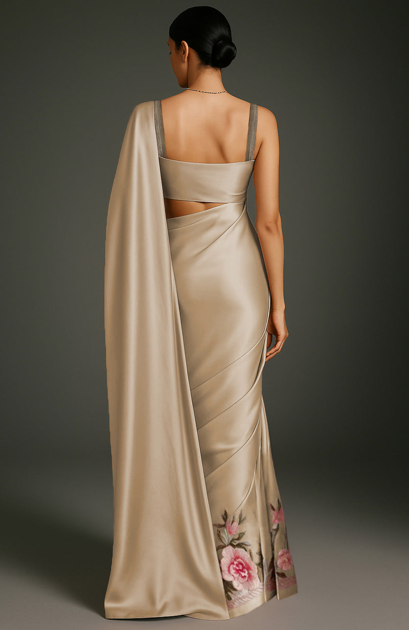 Rich Gold Peony and Roses Embroidered Saree