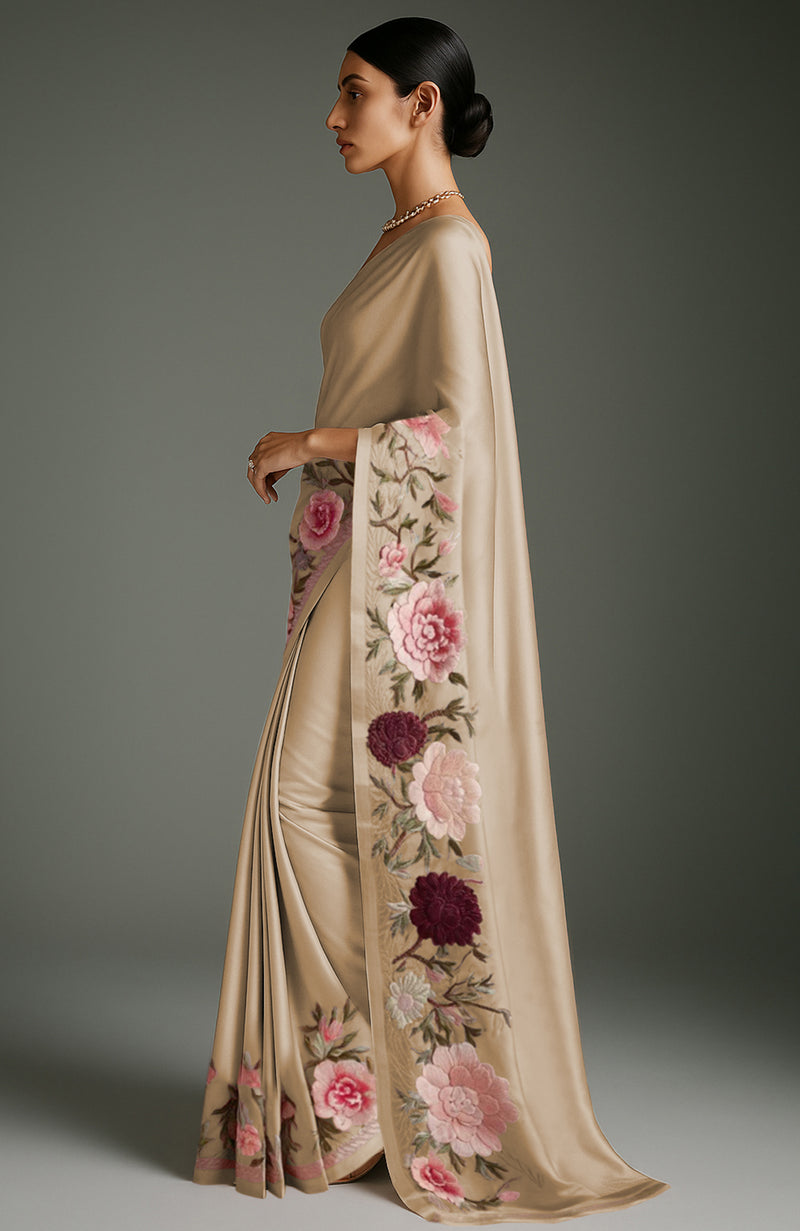 Rich Gold Peony and Roses Embroidered Saree