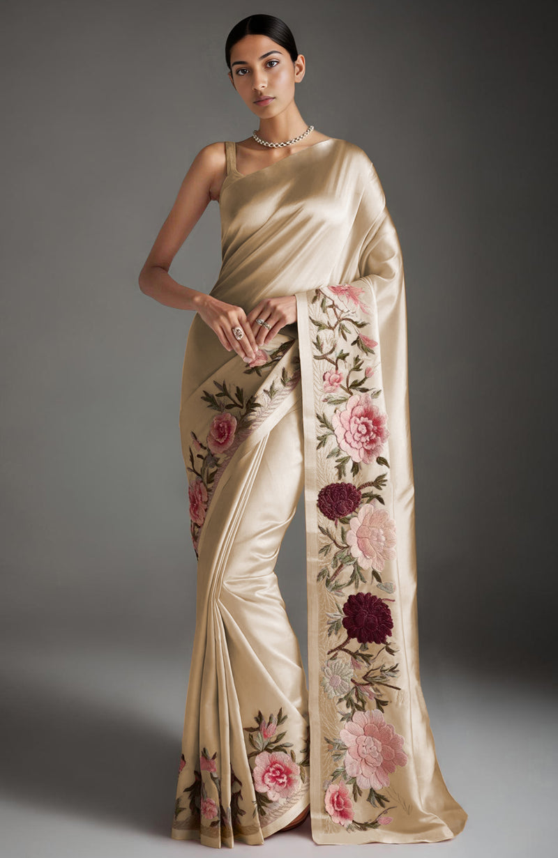 Rich Gold Peony and Roses Embroidered Saree