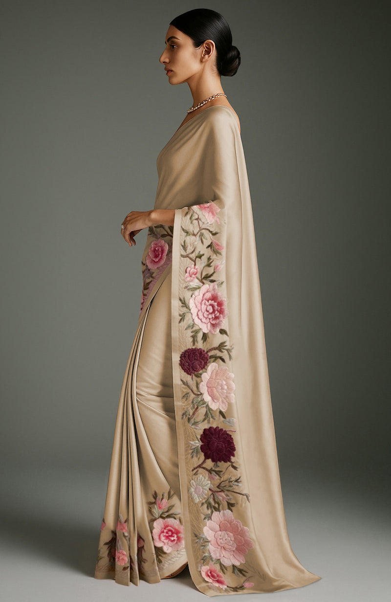 Rich Gold Peony and Roses Embroidered Saree