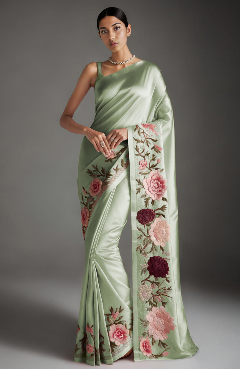 Rich Gold Peony and Roses Embroidered Saree