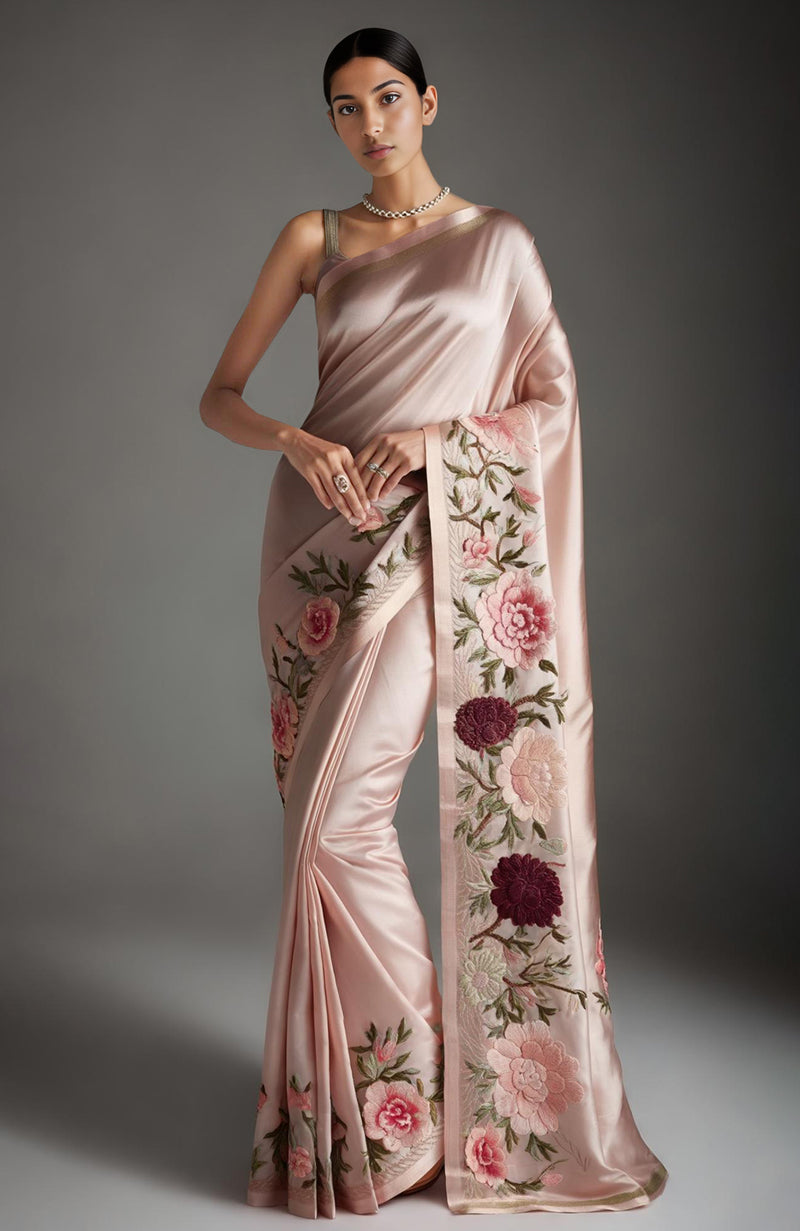 Rich Gold Peony and Roses Embroidered Saree
