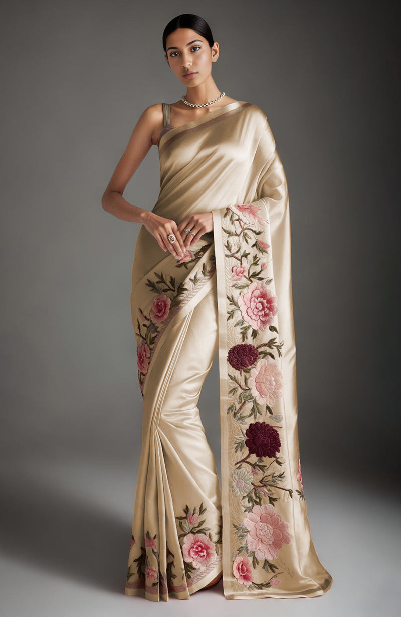 Rich Gold Peony and Roses Embroidered Saree