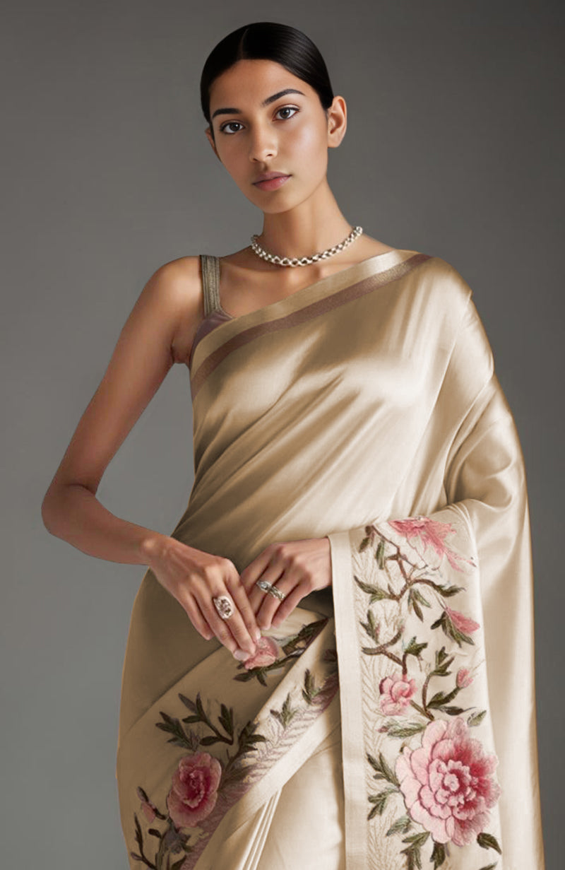 Rich Gold Peony and Roses Embroidered Saree