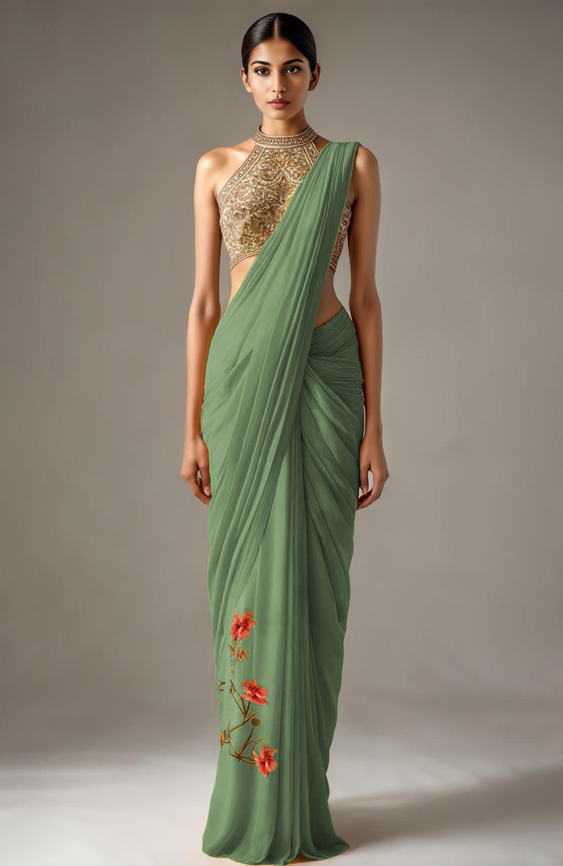 Marigold Bloom Saree with Embroidered Halter Blouse