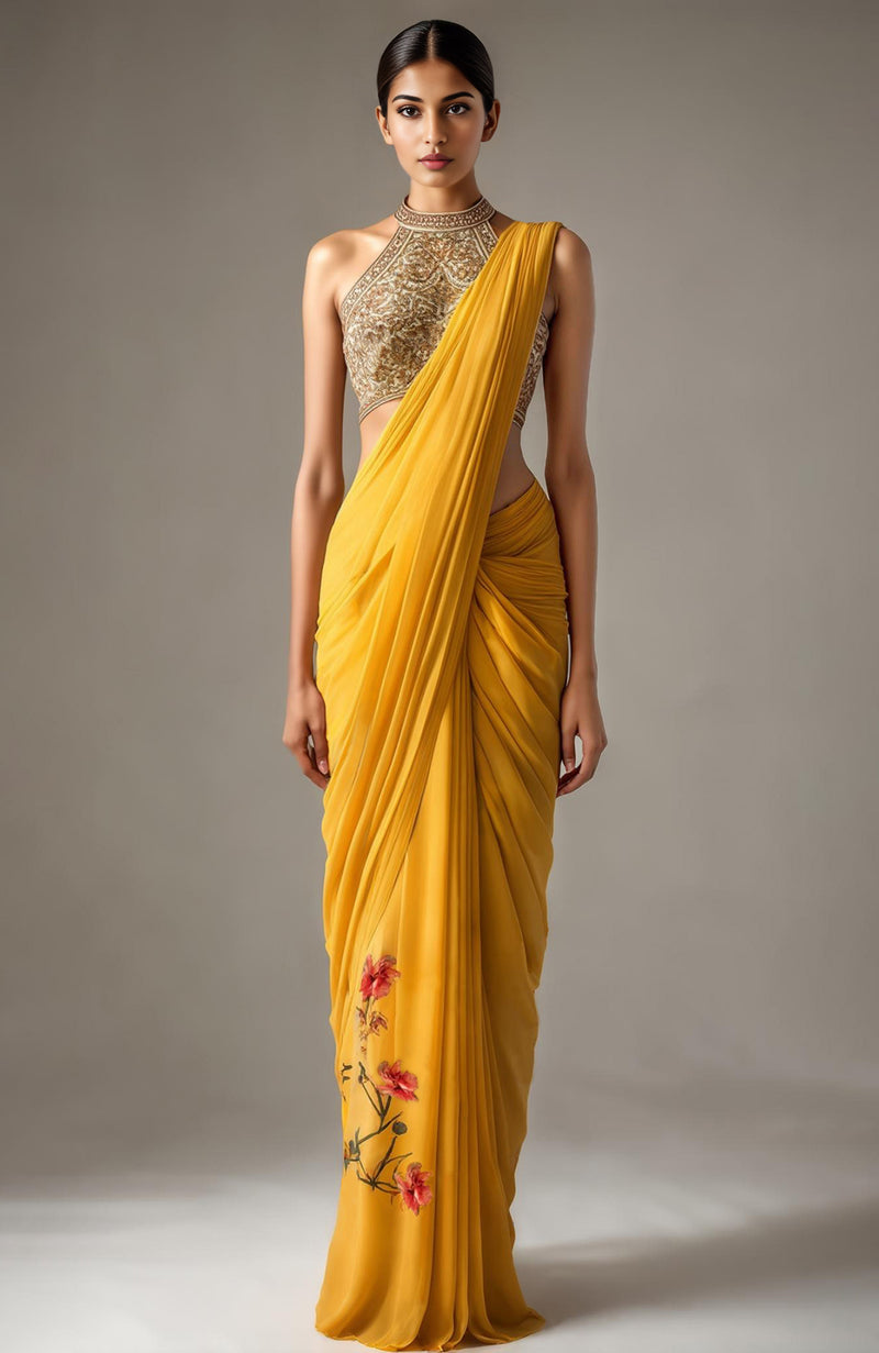 Marigold Bloom Saree with Embroidered Halter Blouse