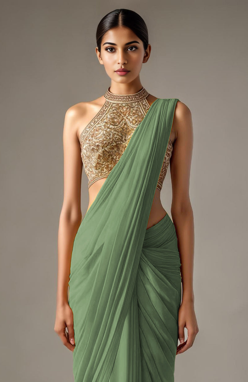 Sage Green Saree with Embroidered Halter Blouse