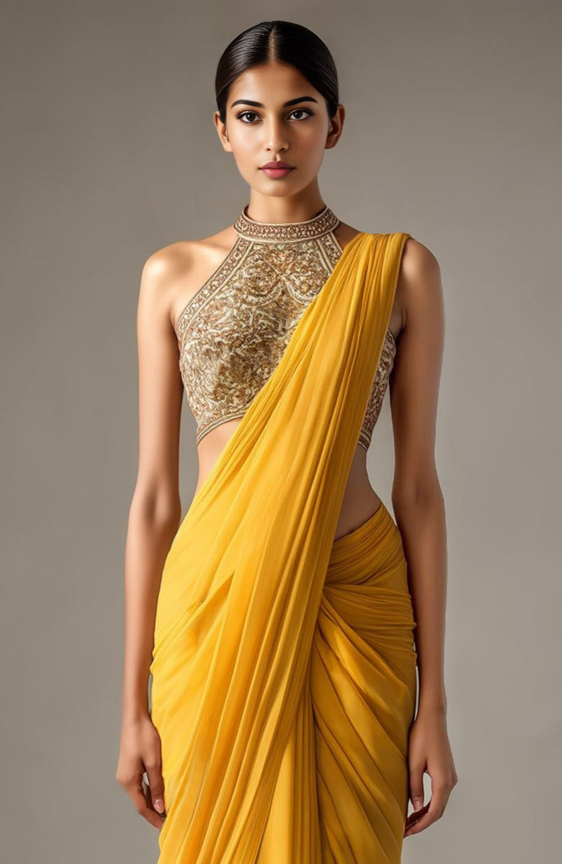 Marigold Bloom Saree with Embroidered Halter Blouse