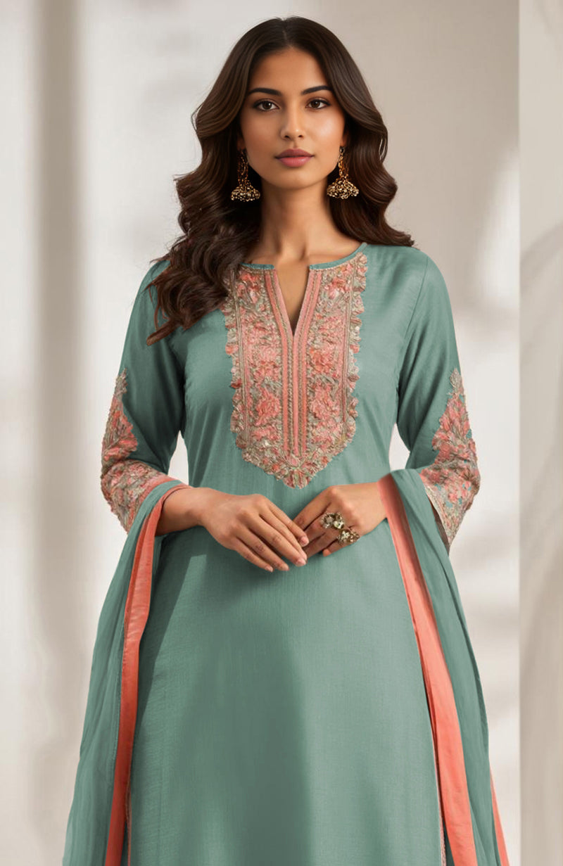 Teal Green Embroidered Kurta Set