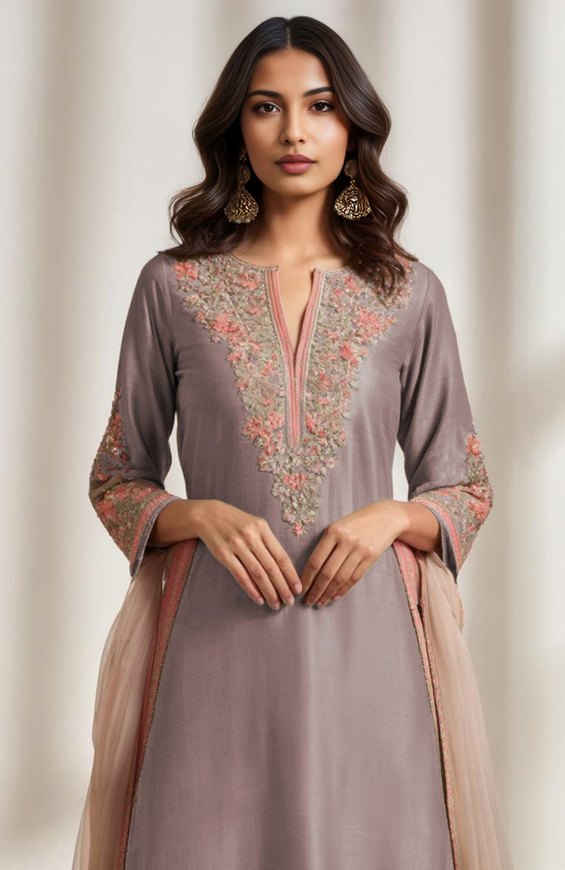 Mauve Grey Embroidered Kurta Set