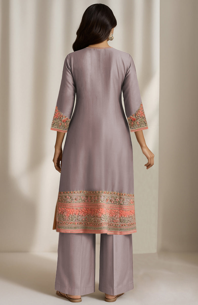 Mauve Grey Embroidered Kurta Set