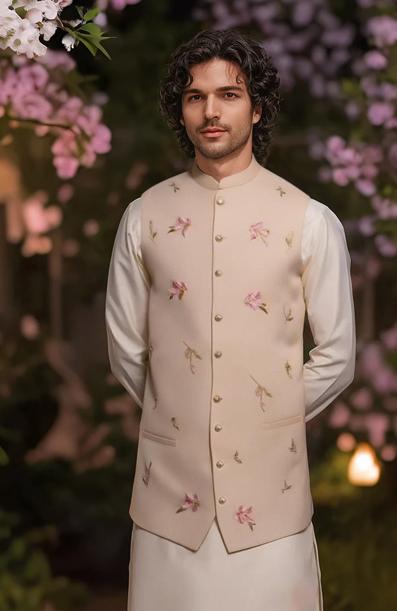 Ivory Kurta Set with Cream Floral Embroidered Bandi Jacket