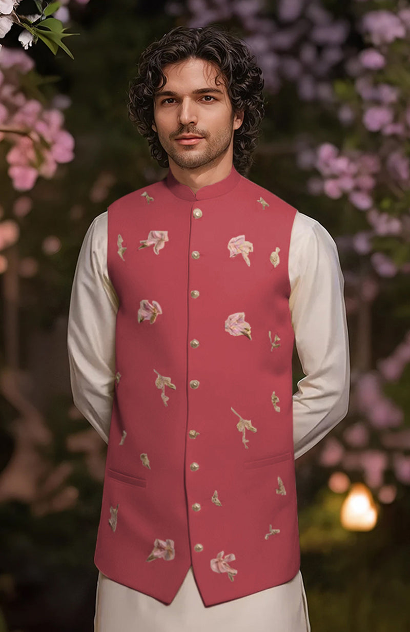 Ivory Kurta Set with Guava Floral Embroidered Bandi Jacket