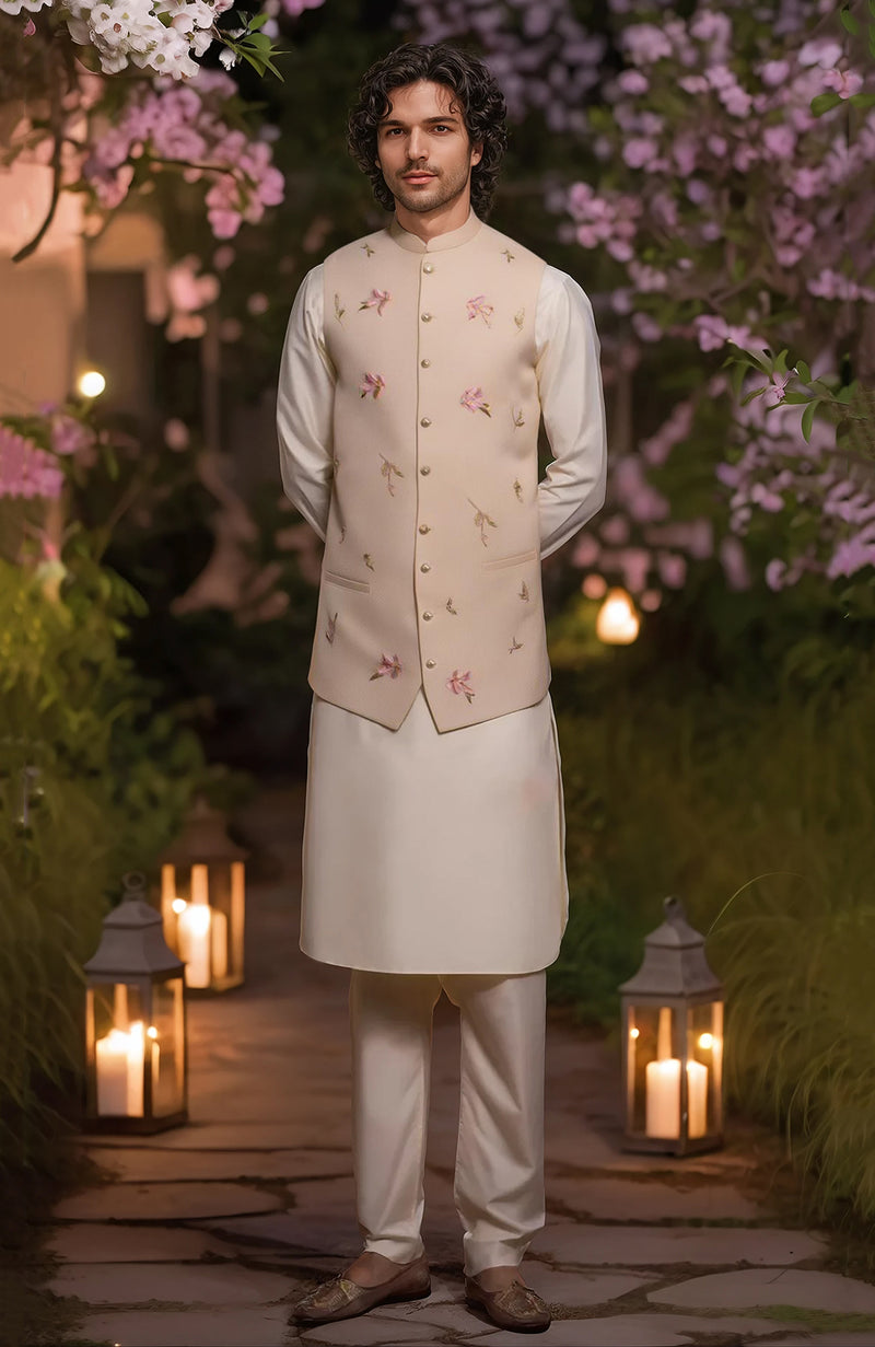 Ivory Kurta Set with Guava Floral Embroidered Bandi Jacket