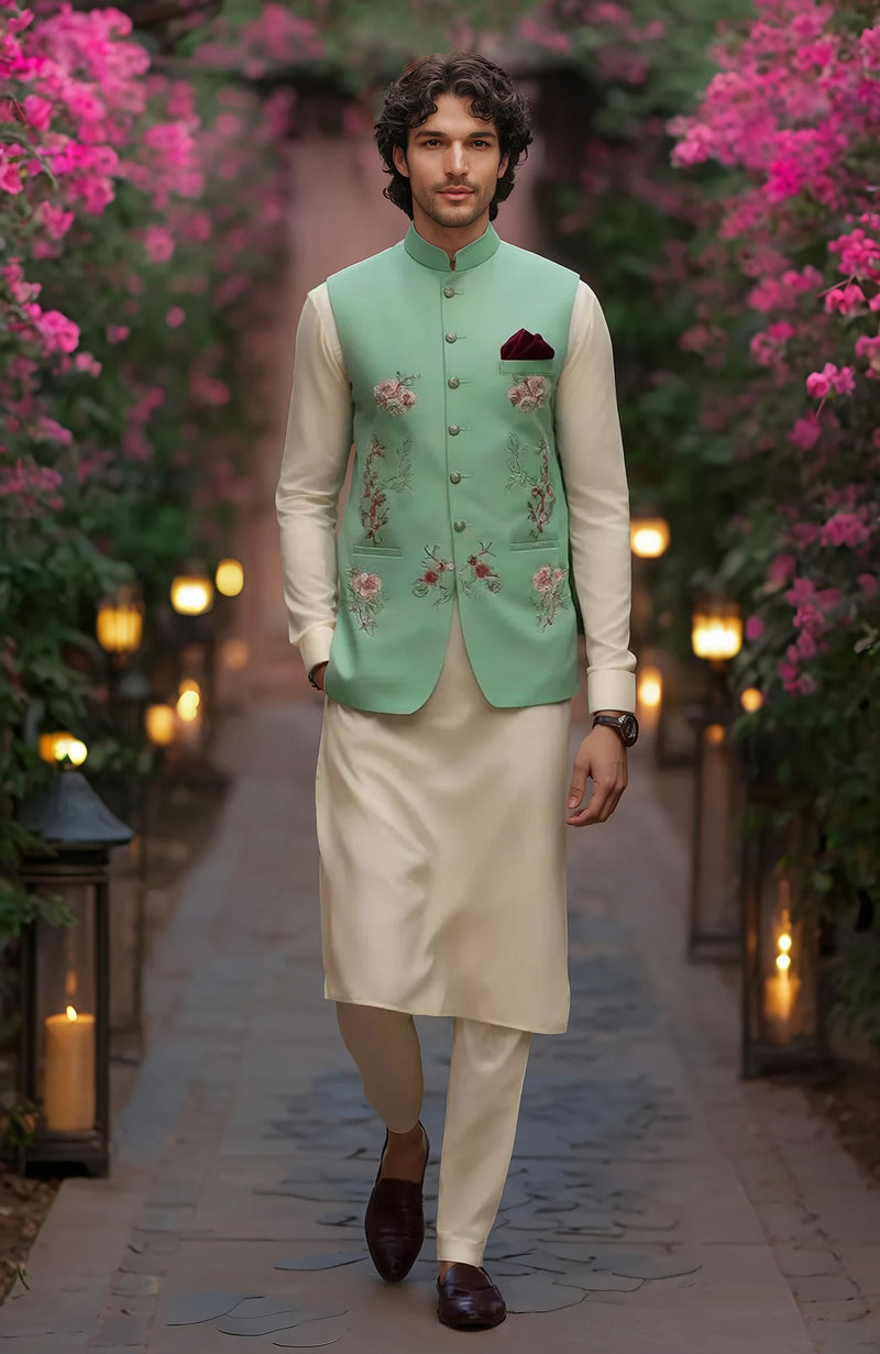 Ivory Kurta Set with Mint Green Floral Embroidered Bandi Jacket