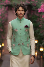 Ivory Kurta Set with Mint Green Floral Embroidered Bandi Jacket