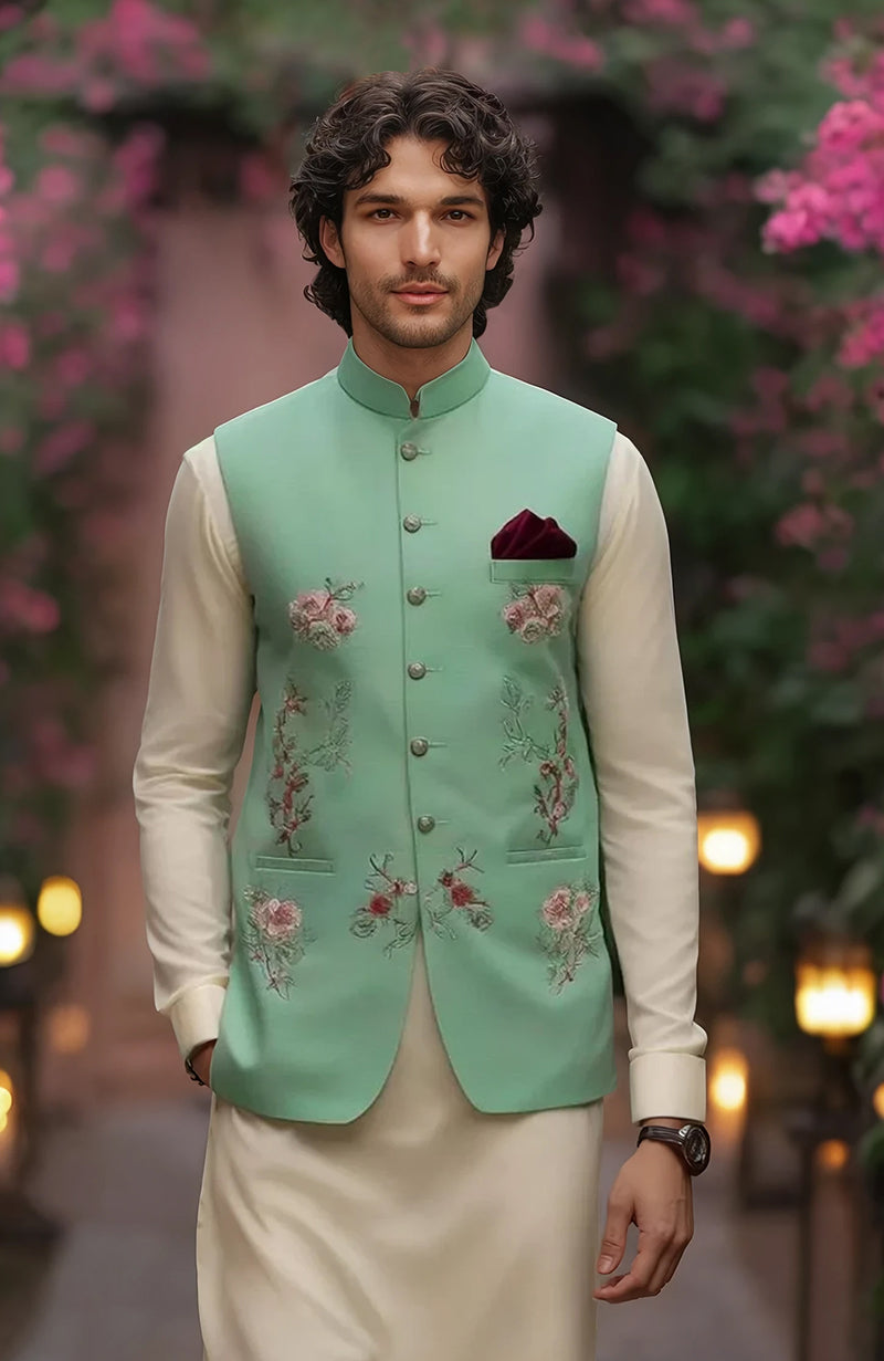 Ivory Kurta Set with Mint Green Floral Embroidered Bandi Jacket
