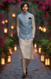 Beige Kurta Set with  Powdered Indigo Floral Embroidered Bandi Jacket
